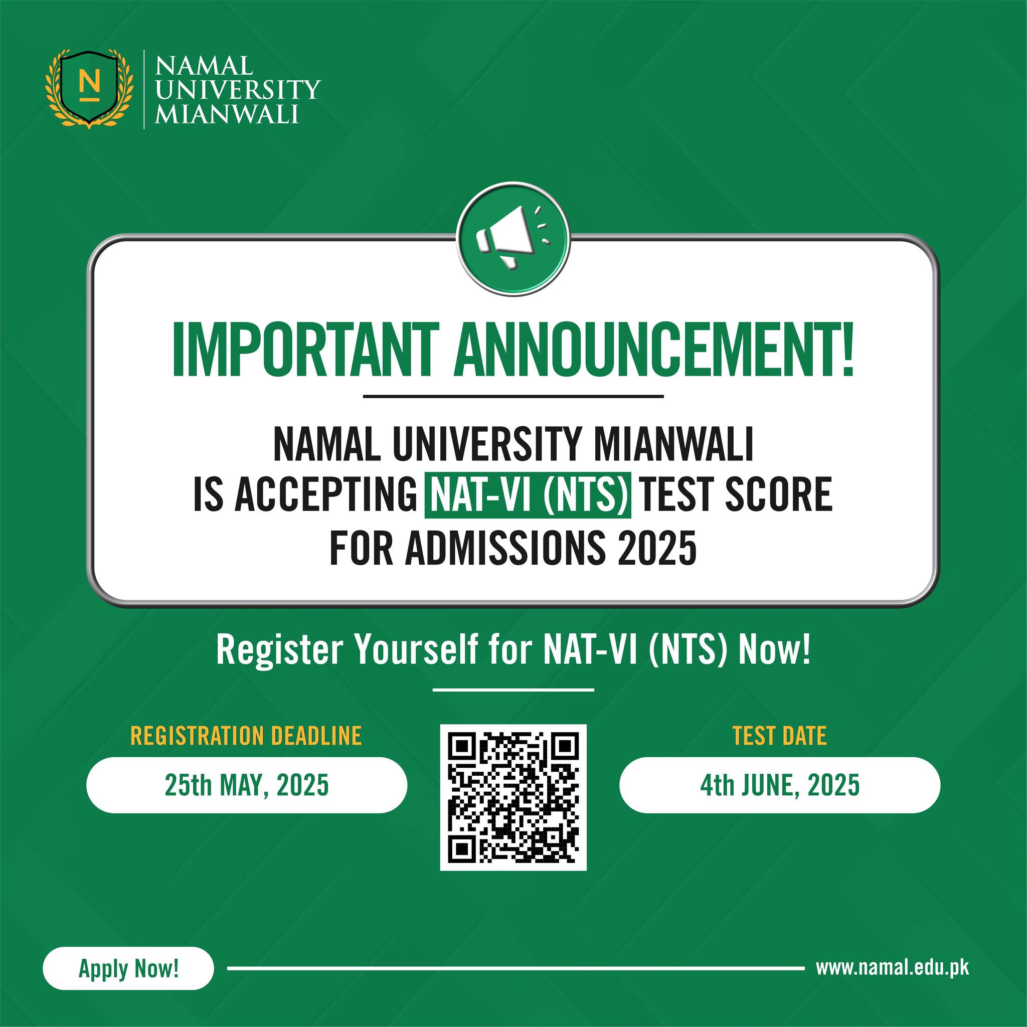 NAT-VI Registration Open – Secure Your Admission at Namal University