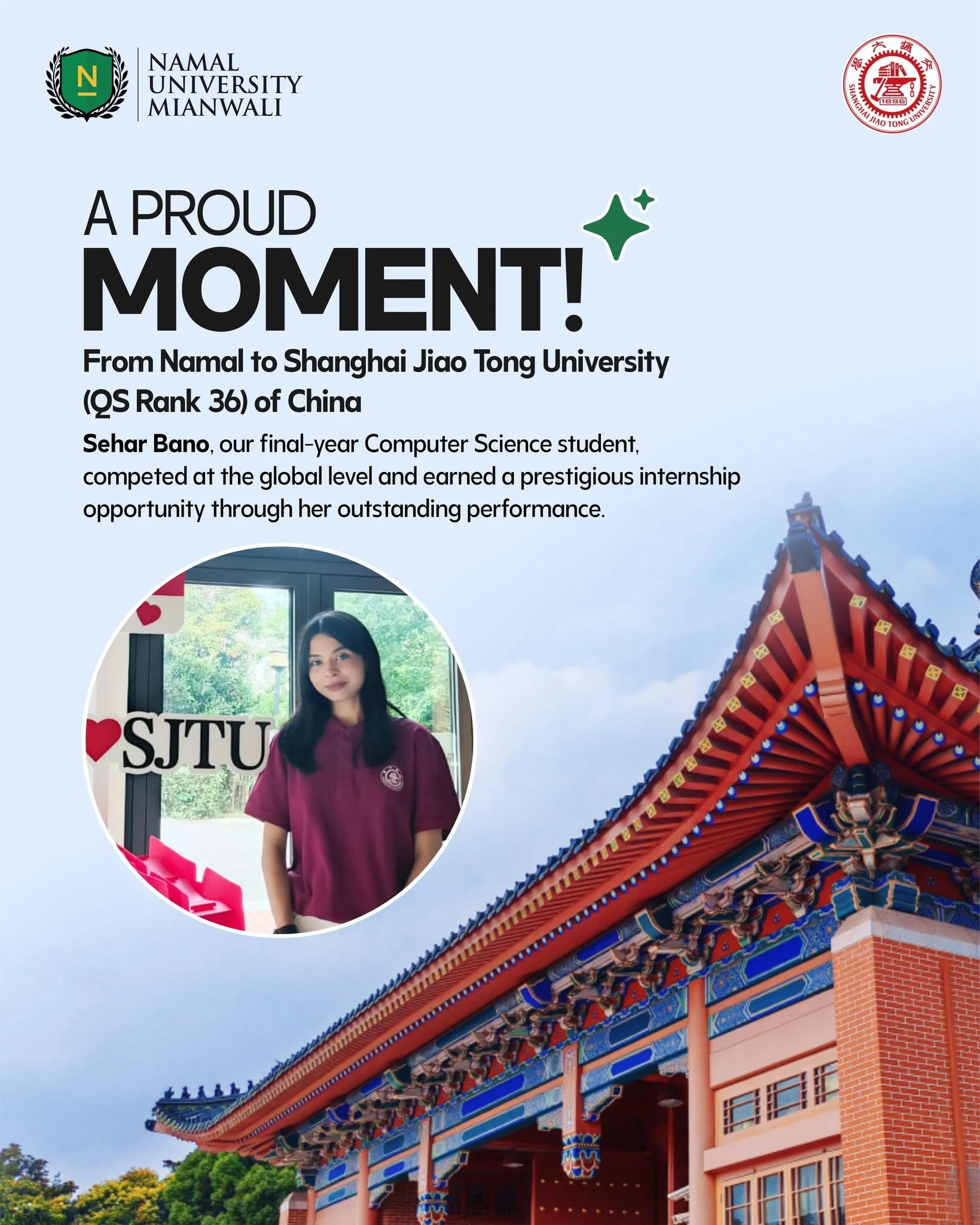 Namal Student Secures Prestigious Research Internship at Shanghai Jiao Tong University, China