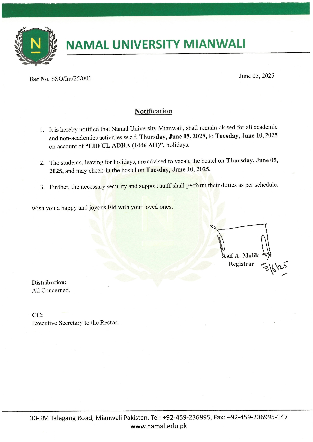 Notification No. SSO/Int/25/001 “EID UL ADHA (1446 AH)”