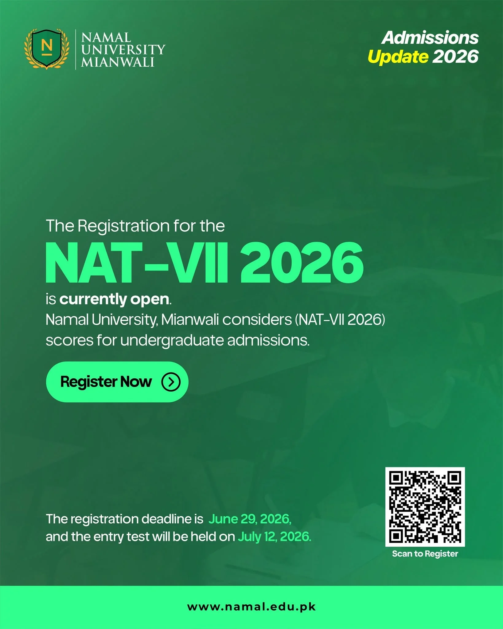 Last Acceptable NAT-VII Test for Namal Admissions 2026