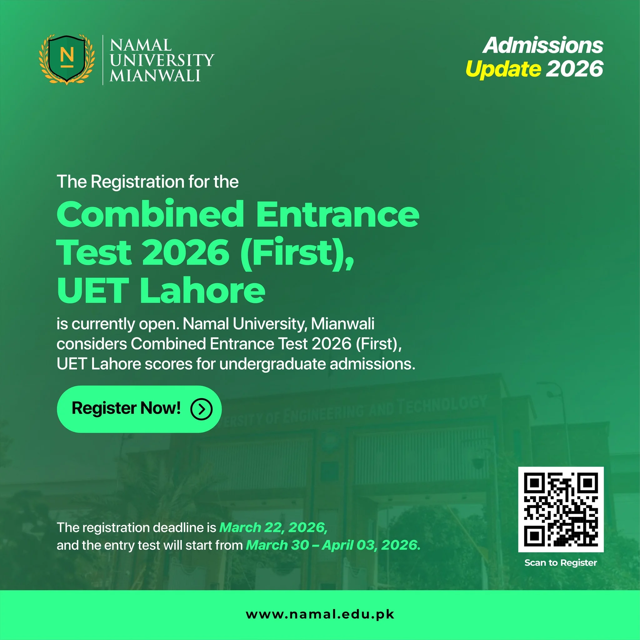 Acceptable Entry Test – Combined Entrance Test 2026 (First) – UET Lahore