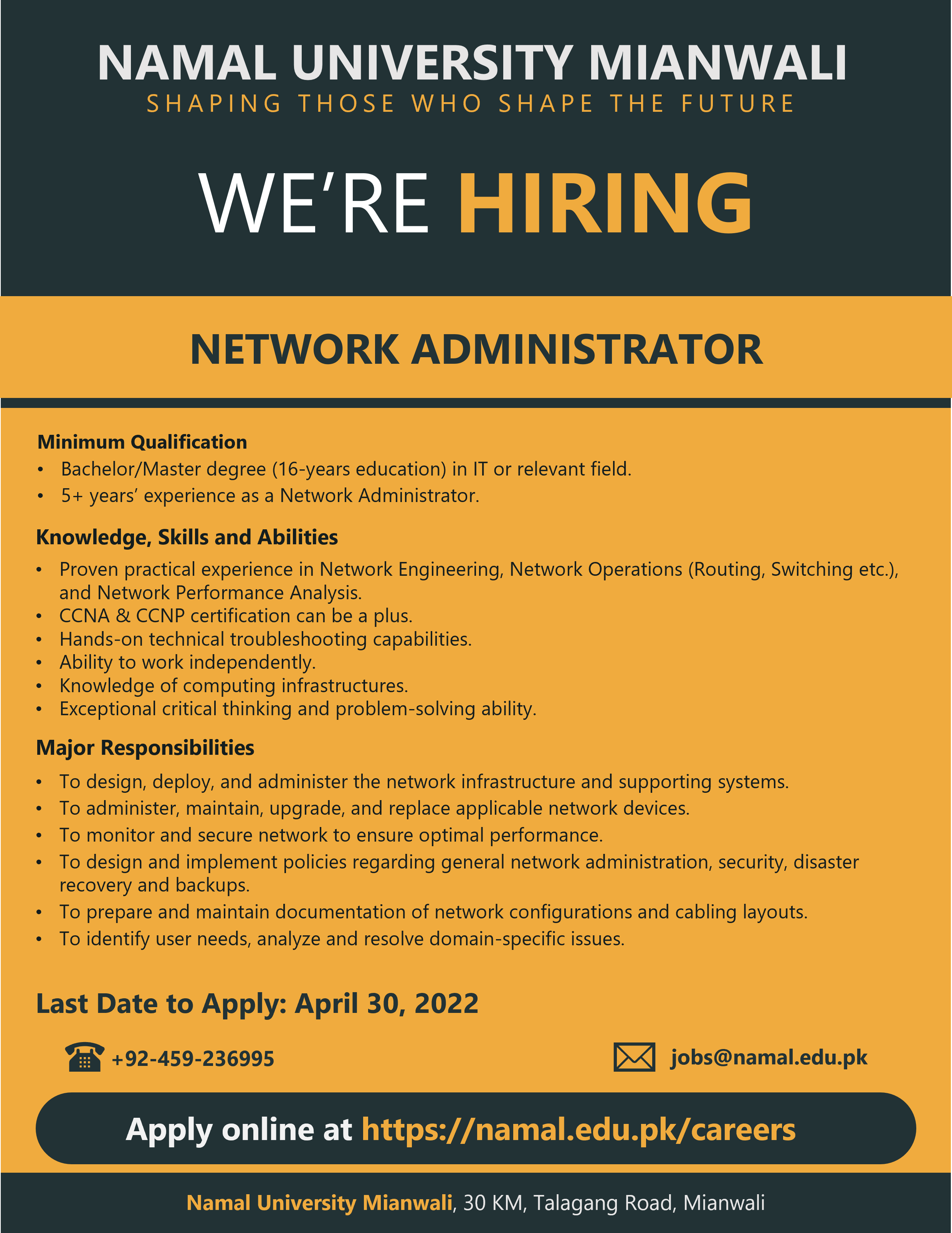 We are hiring!! NETWORK ADMINISTRATOR