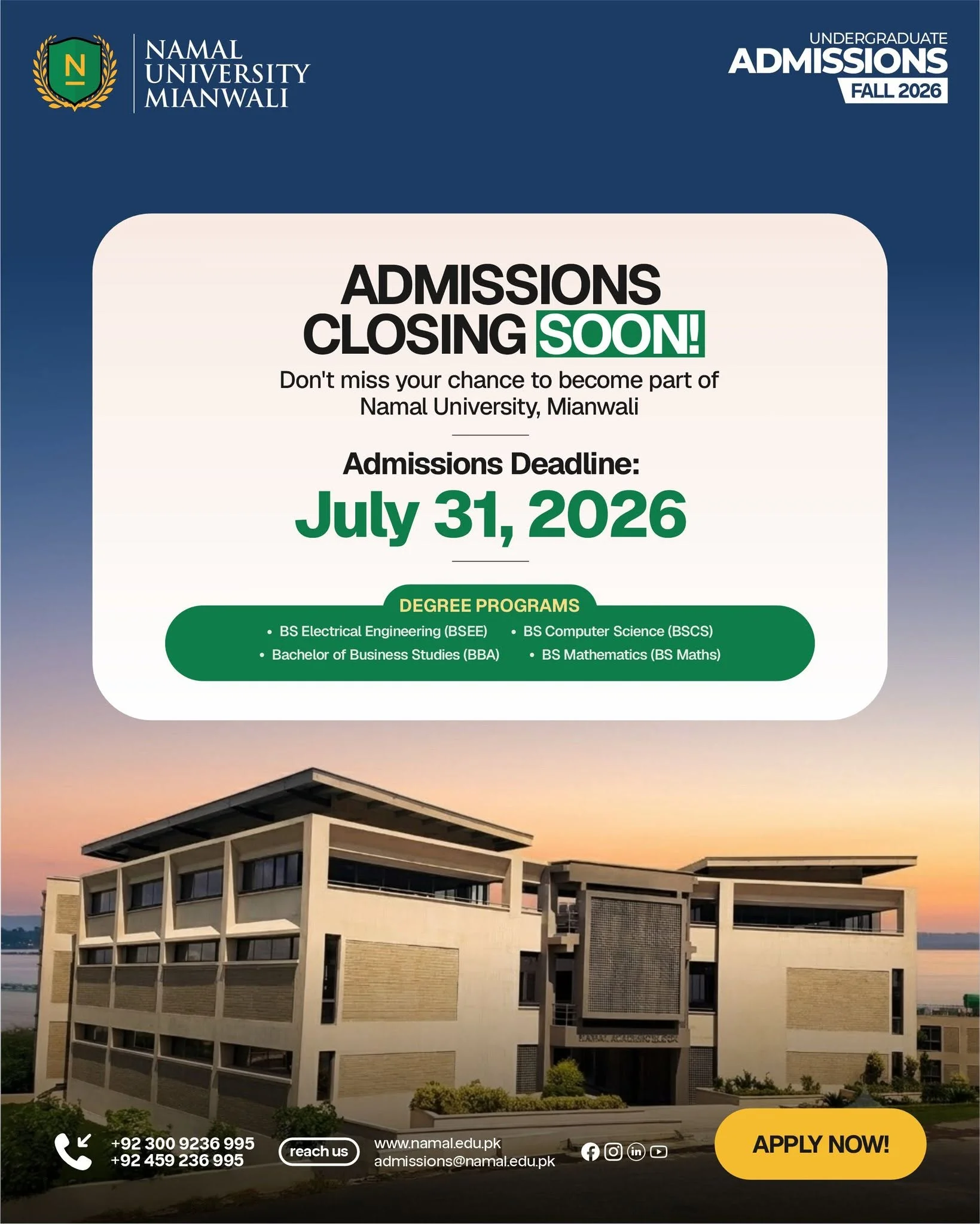 Time Is Ticking | Apply to Namal University Before July 31, 2026