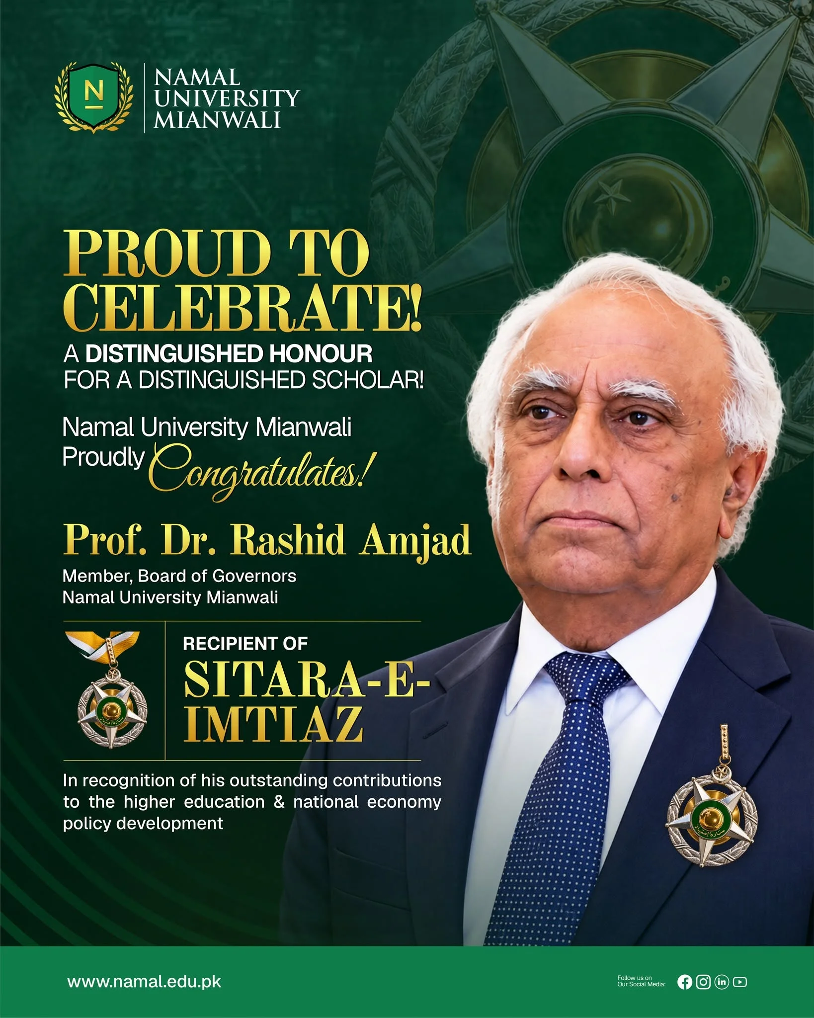 Namal University Proudly Congratulates Prof. Dr. Rashid Amjad on Receiving Sitara-e-Imtiaz