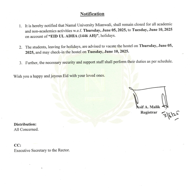 Notification No. SSO/Int/25/001 “EID UL ADHA (1446 AH)”