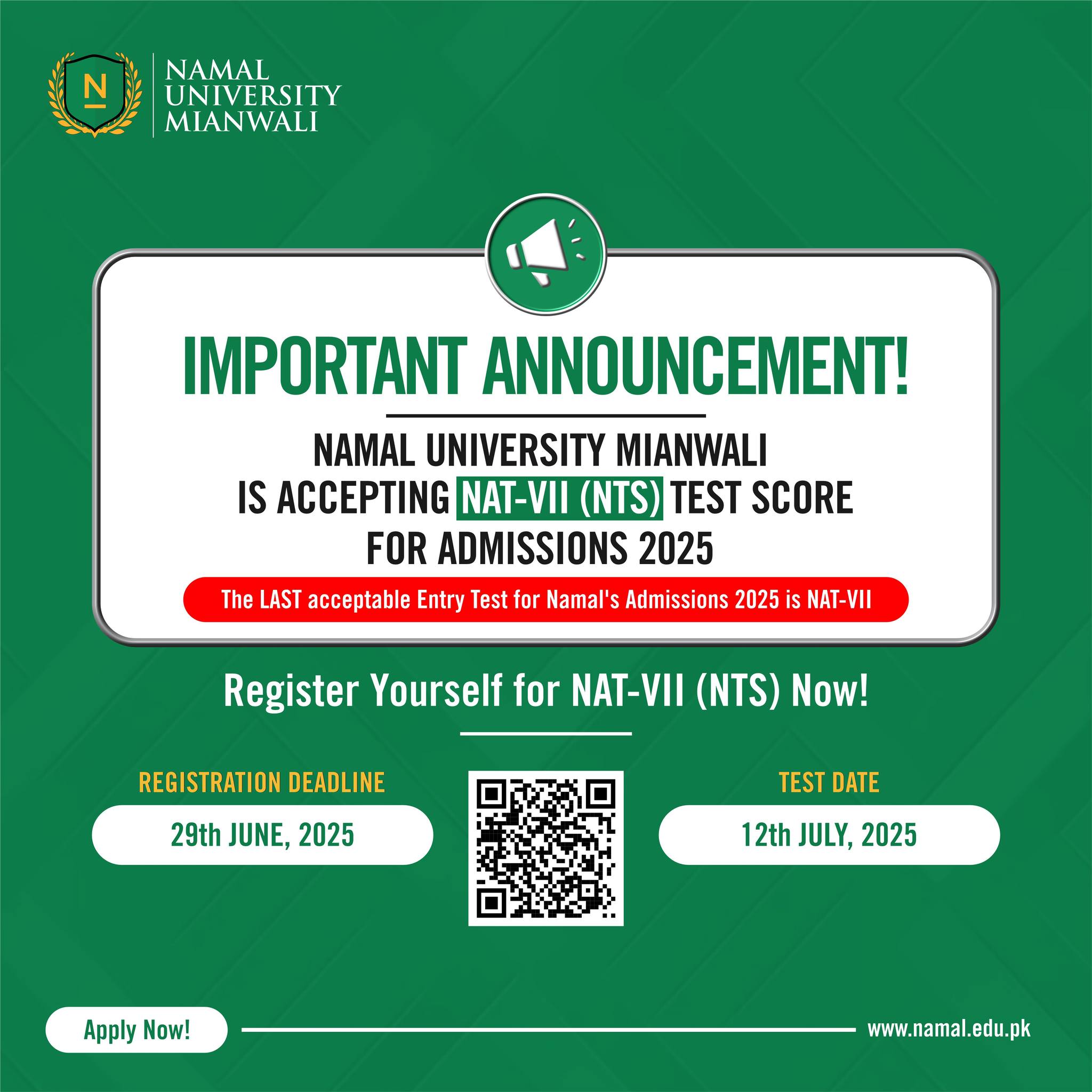 Last Chance to Apply: NAT-VII Now Open | Namal Admissions 2025 | Deadline: July 31